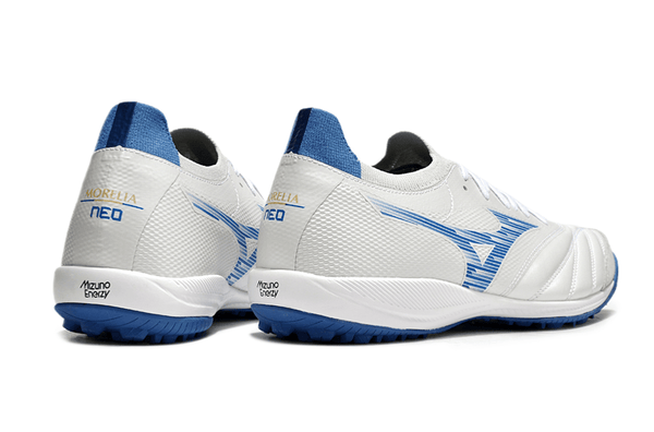 Chuteira Society Mizuno Morelia Neo Sala TF Branca e Azul "Mugen Pack"
