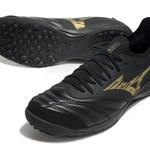 Chuteira Society Mizuno Morelia Neo Sala TF Preta e Dourada "Aurum Pack"