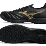 Chuteira Society Mizuno Morelia Neo Sala TF Preta e Dourada "Aurum Pack"